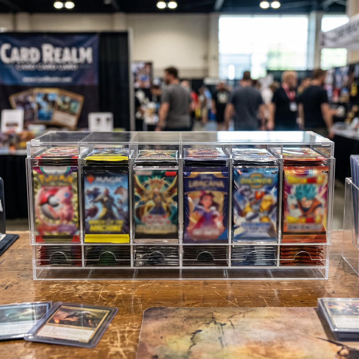 Pack para cartas TCG com vitrine transparente, dispensador e caixas de armazenamento, exibindo diversas cartas coloridas e organizadas