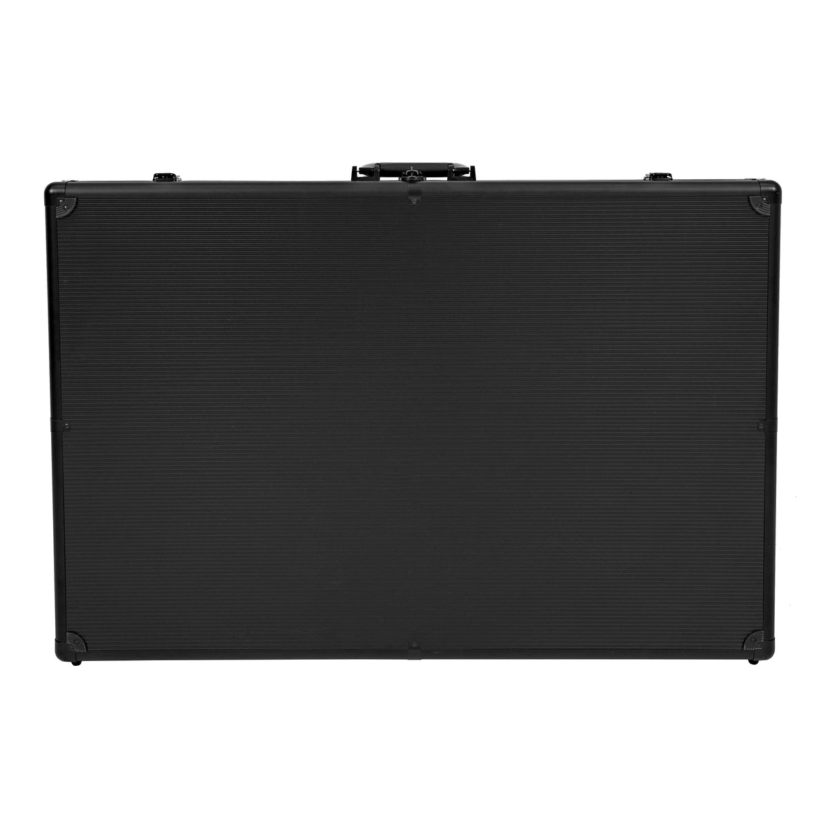 Mala de transporte retangular preta com textura riscada, alça superior e cantos reforçados, ideal para equipamentos e acessórios