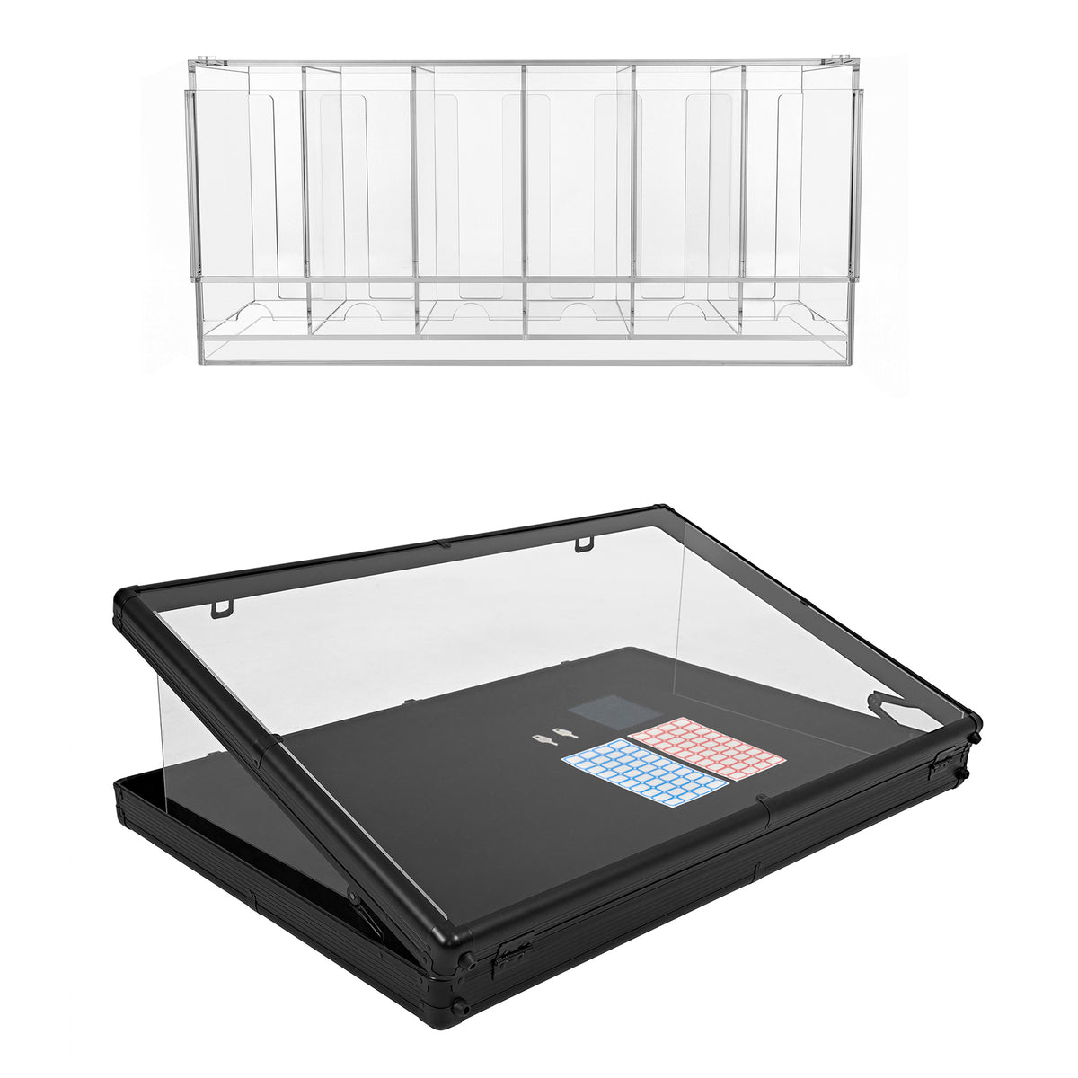 Expositor de acrílico transparente com base preta, ideal para exibir produtos, com design moderno e tampo articulado para fácil acesso