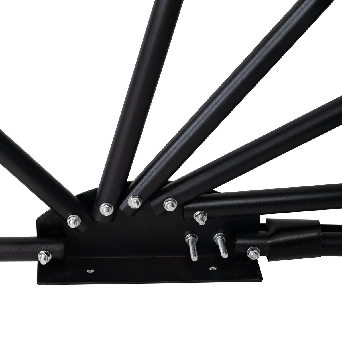 Base robusta de suporte em metal preto com hastes anguladas, parafusos prateados e acabamento fosco, ideal para estruturas de móveis