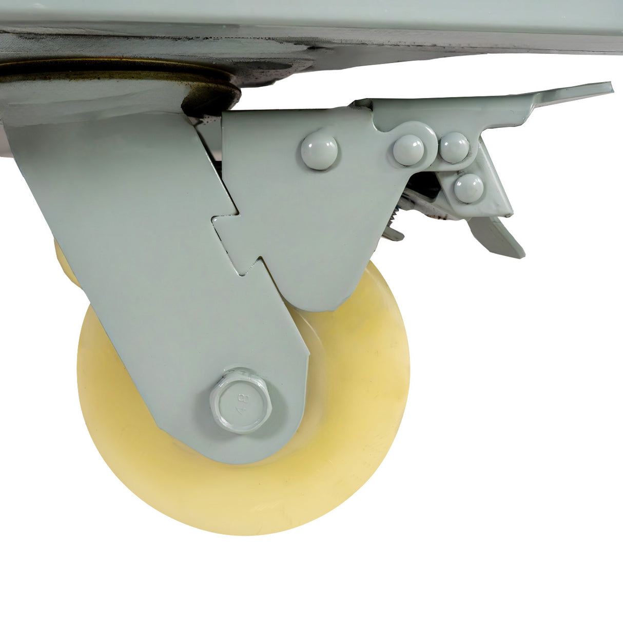 Roda de suporte de forno comercial grande para pizza KuKoo, em material plástico amarelo, com estrutura metálica cinza e mecanismo de travamento