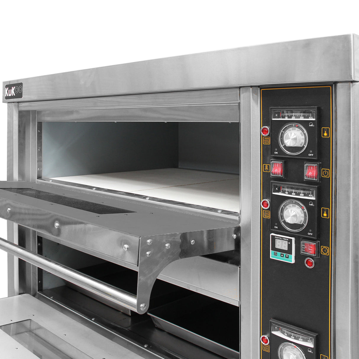 Forno comercial grande para pizza KuKoo em aço inox, com prateleiras espaçosas, controles digitais e design robusto e moderno
