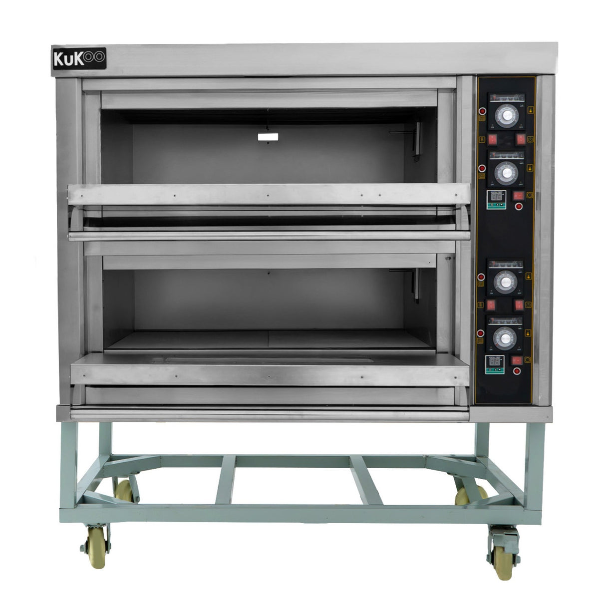 Forno comercial grande para pizza KuKoo em aço inox, com duas câmaras, controles digitais e rodas para fácil movimentação