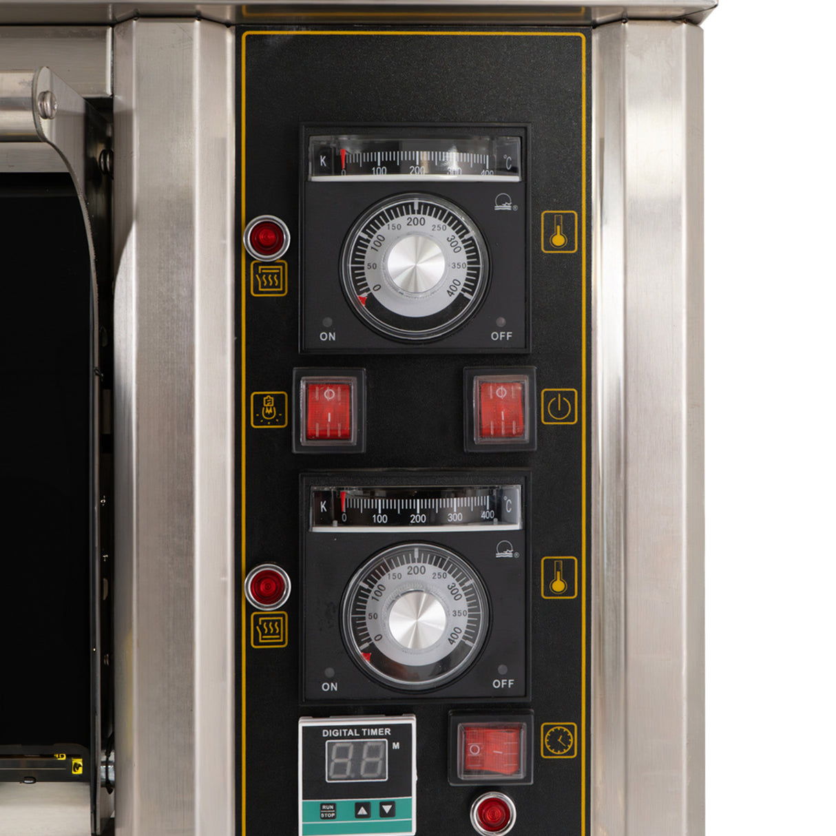 Painel de controle do forno comercial grande para pizza KuKoo, com mostradores analógicos, botões vermelhos e display digital
