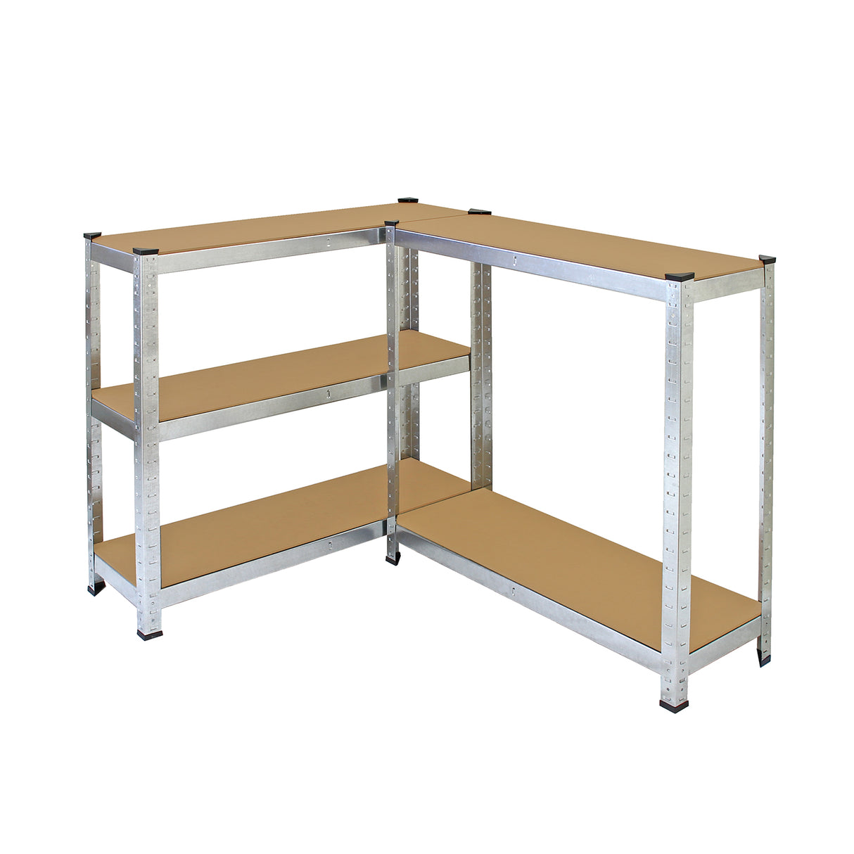 Estantes galvanizadas em formato L, com prateleiras de MDF, medindo 90cm x 180cm x 30cm, ideal para armazenamento robusto e organizado