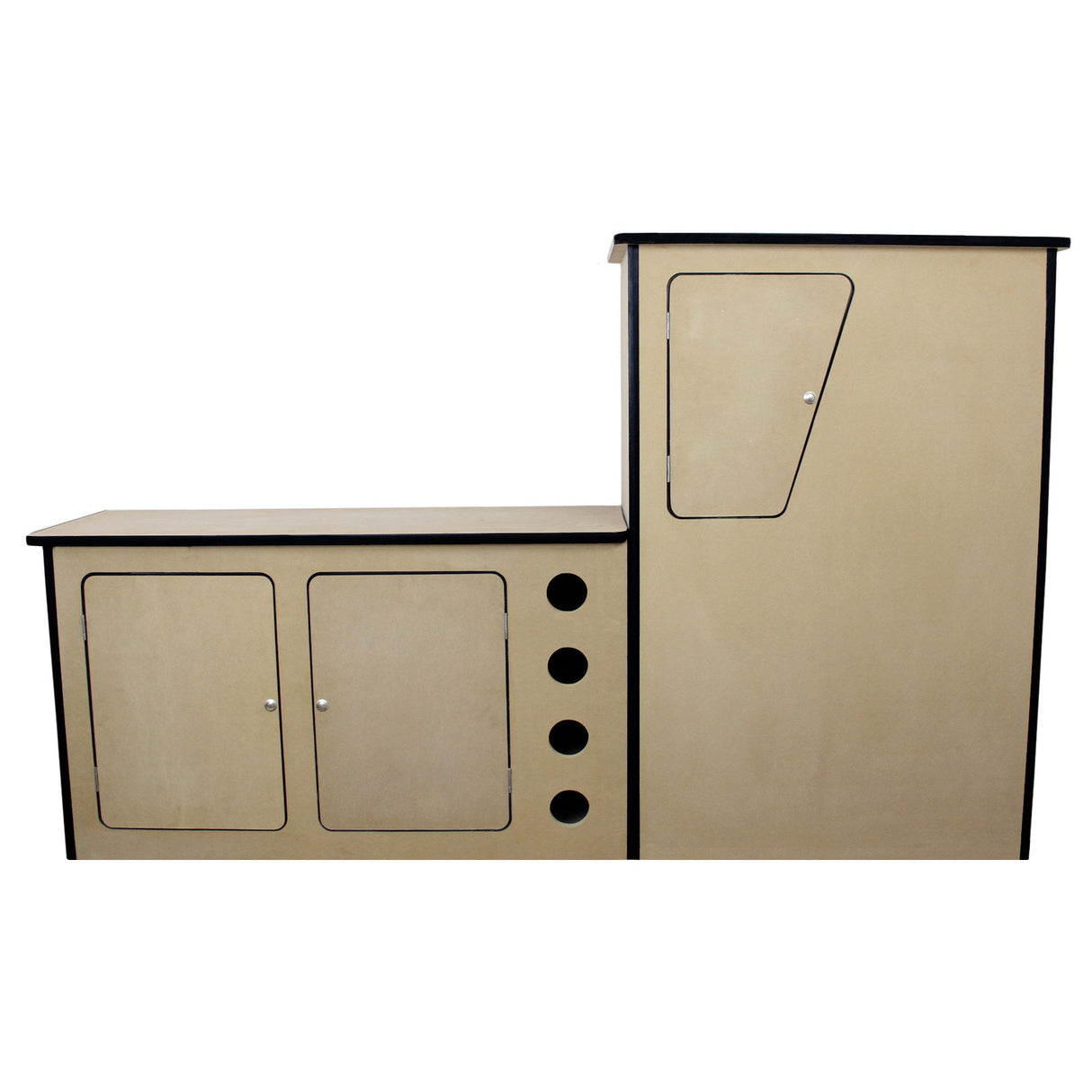 Revestimento cinza fumê para van, com textura suave, armário e cozinha compacta, ideal para campers, 11 m² de área útil