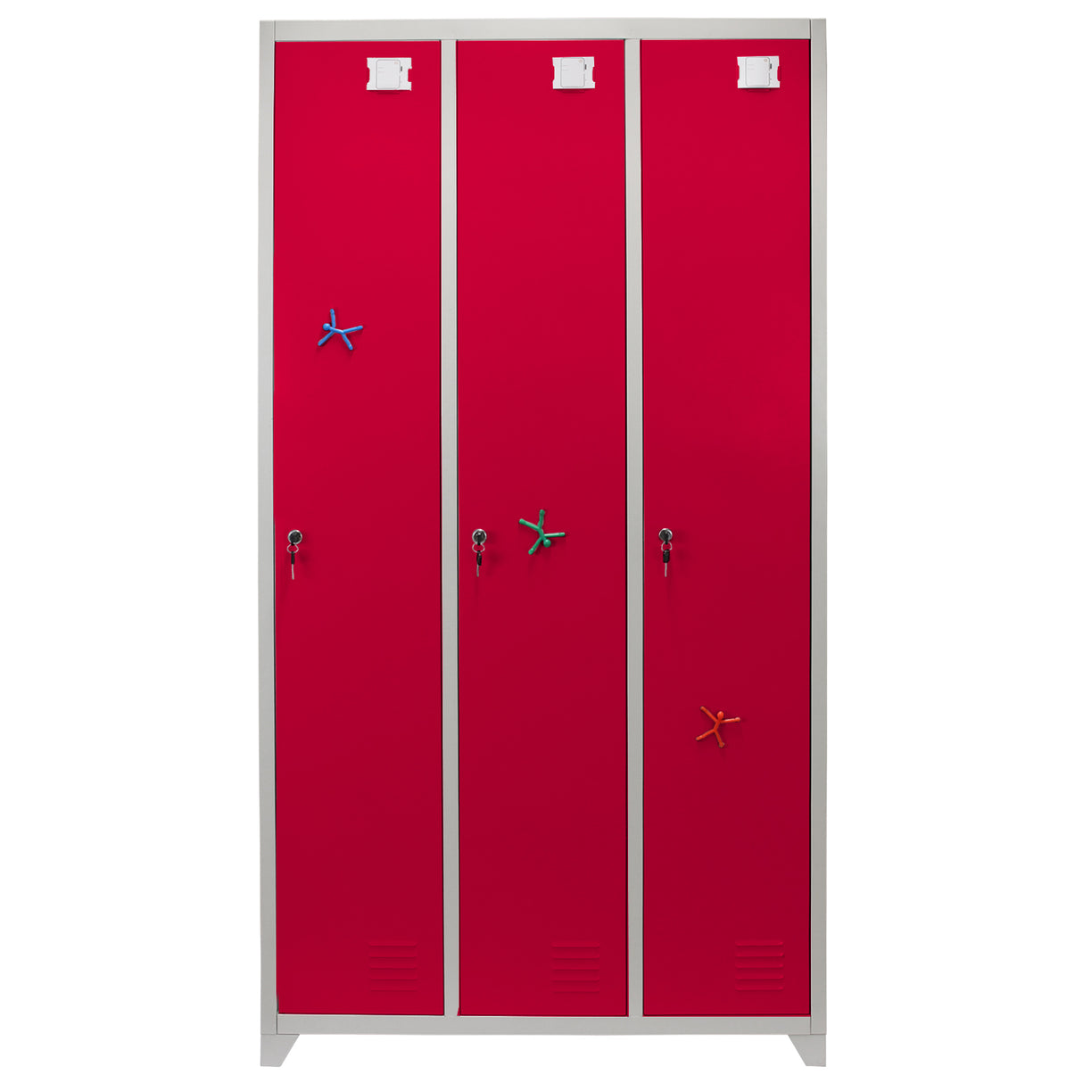 Armários de metal vermelhos com três portas, acabamento liso, detalhes em plástico colorido e fechaduras para segurança