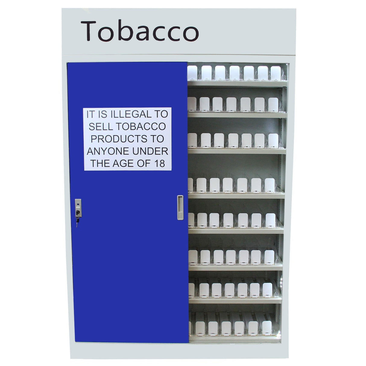 Armário de cigarros com portas azuis, prateleiras metálicas e aviso sobre a venda de produtos de tabaco para maiores de 18 anos