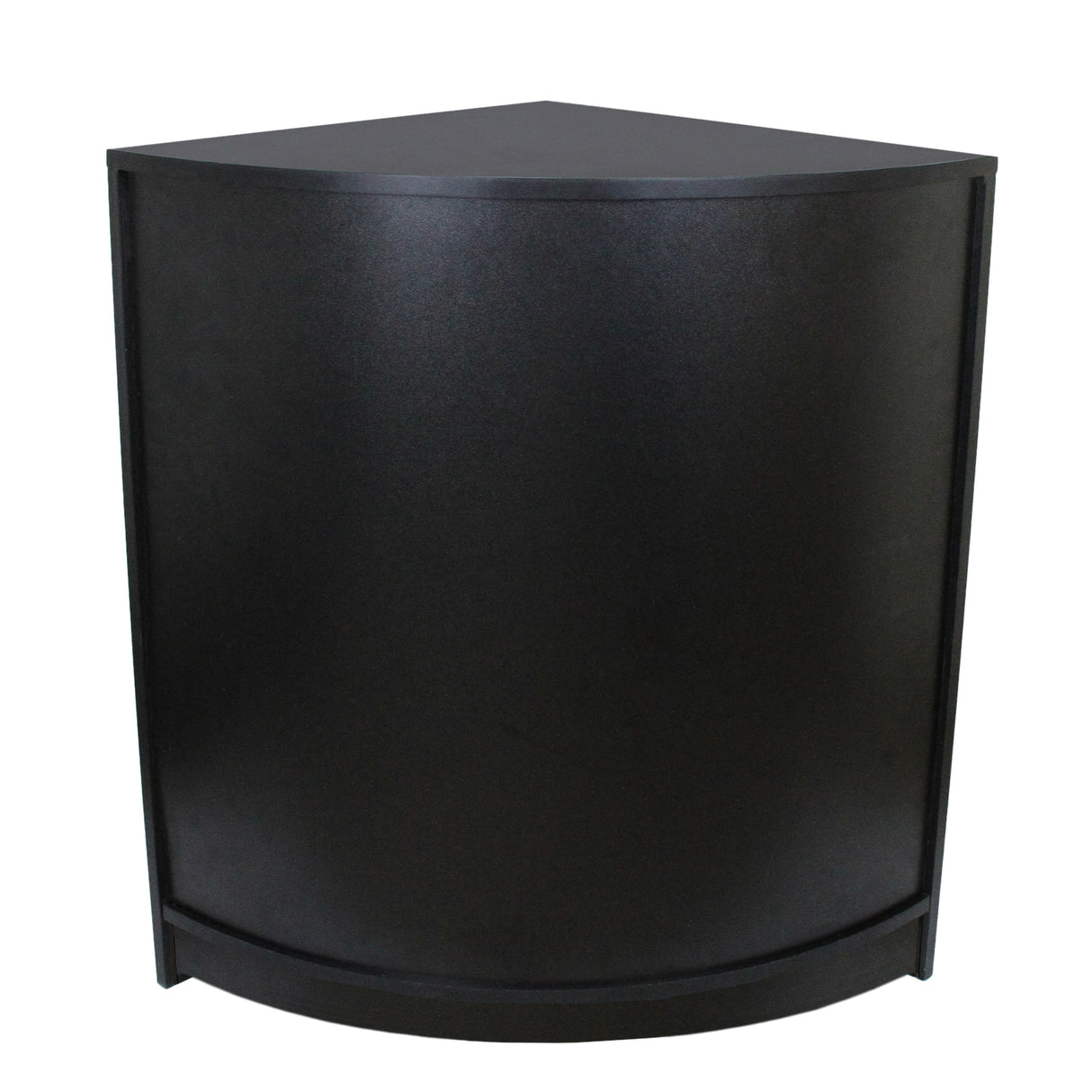 Balcão de canto preto para loja de varejo, com design moderno e acabamento liso, ideal para otimizar espaços e exibir produtos
