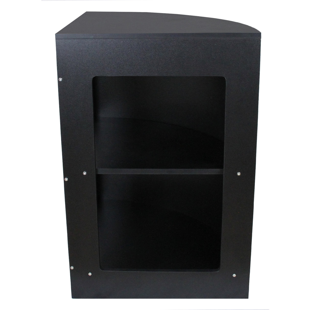 Balcão de canto preto para loja de varejo, com design moderno, superfície lisa e prateleira interna para armazenamento eficiente