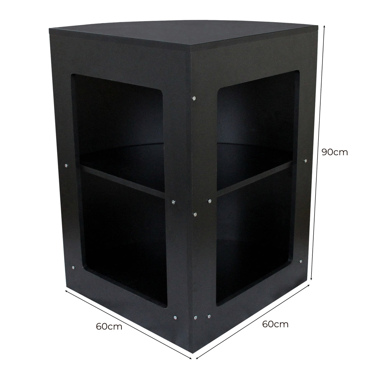 Balcão de canto preto para loja de varejo, com design moderno, duas prateleiras e acabamento em material resistente e liso