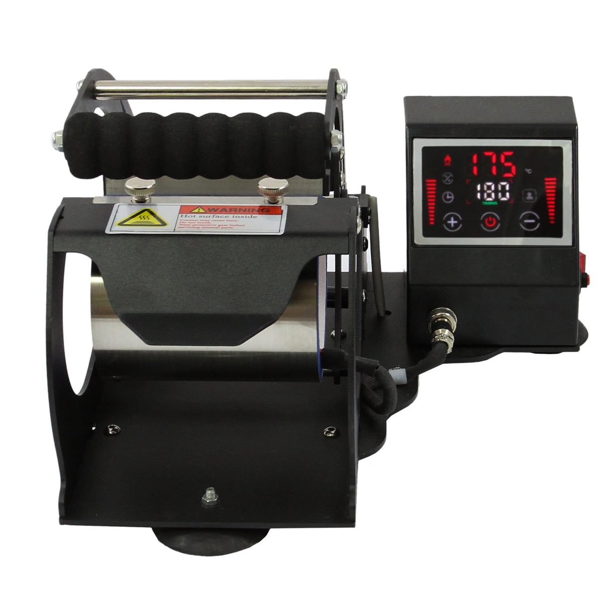 Prensa de canecas por sublimação PixMax com estrutura metálica preta, rolos de borracha e painel digital para controle de temperatura e tempo