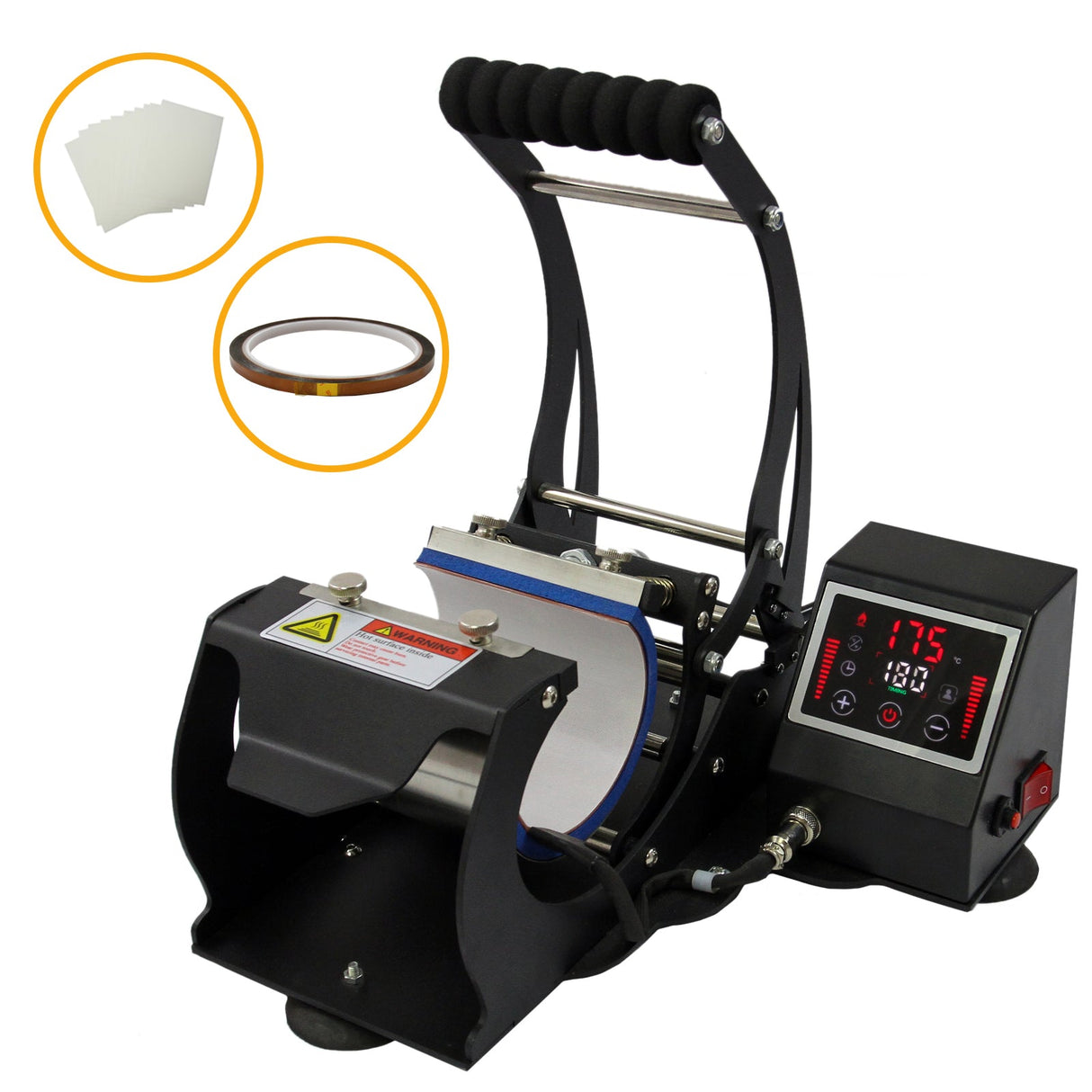 Prensa de canecas por sublimação PixMax com estrutura preta, painel digital, e alça de borracha para fácil manuseio e controle de temperatura