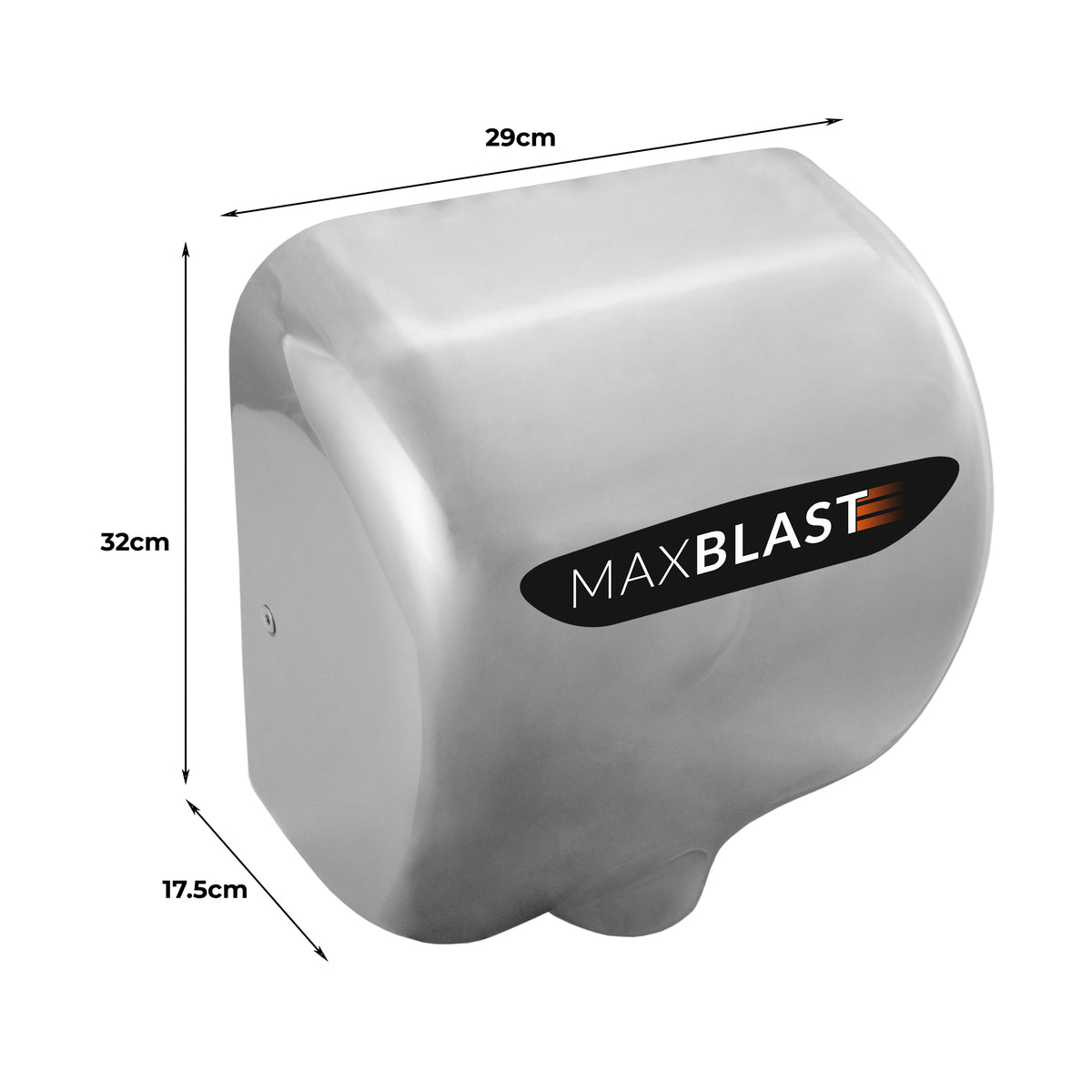 Secador de mãos comercial MAXBLAST em inox, com design moderno, dimensões de 29cm x 32cm x 17,5cm, ideal para ambientes comerciais