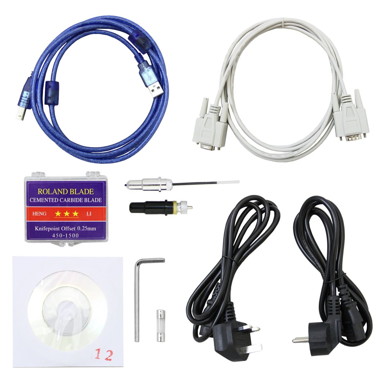 Conjunto de cabos e acessórios para plotter de recorte de vinil, incluindo lâmina, adaptadores e ferramentas em cores variadas