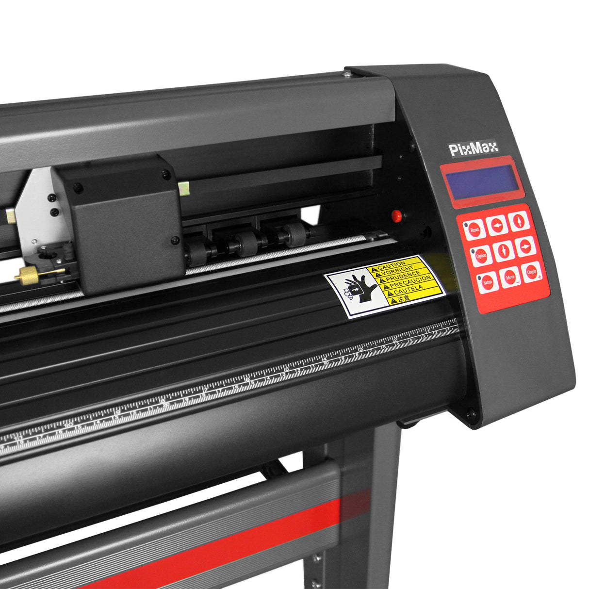 Plotter de recorte de vinil de 1350 mm, com suporte, corpo preto e vermelho, painel de controle digital com botões e display iluminado