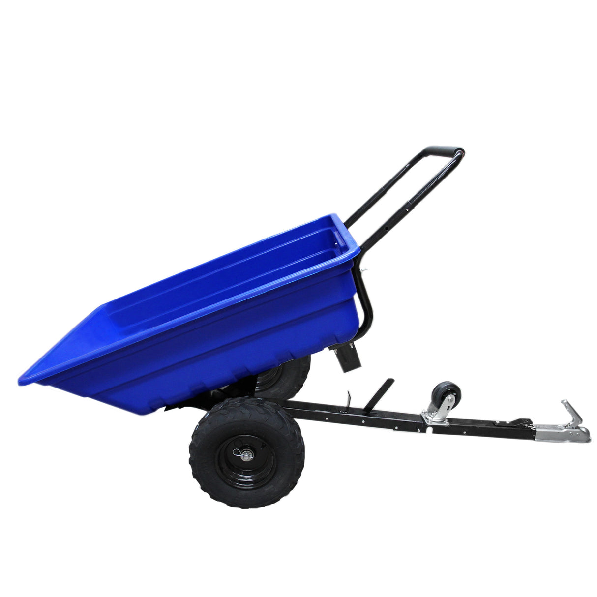 Reboque para quadriciclo T-Mech com caçamba azul, estrutura preta, pneus robustos para uso fora de estrada, ideal para transporte de carga