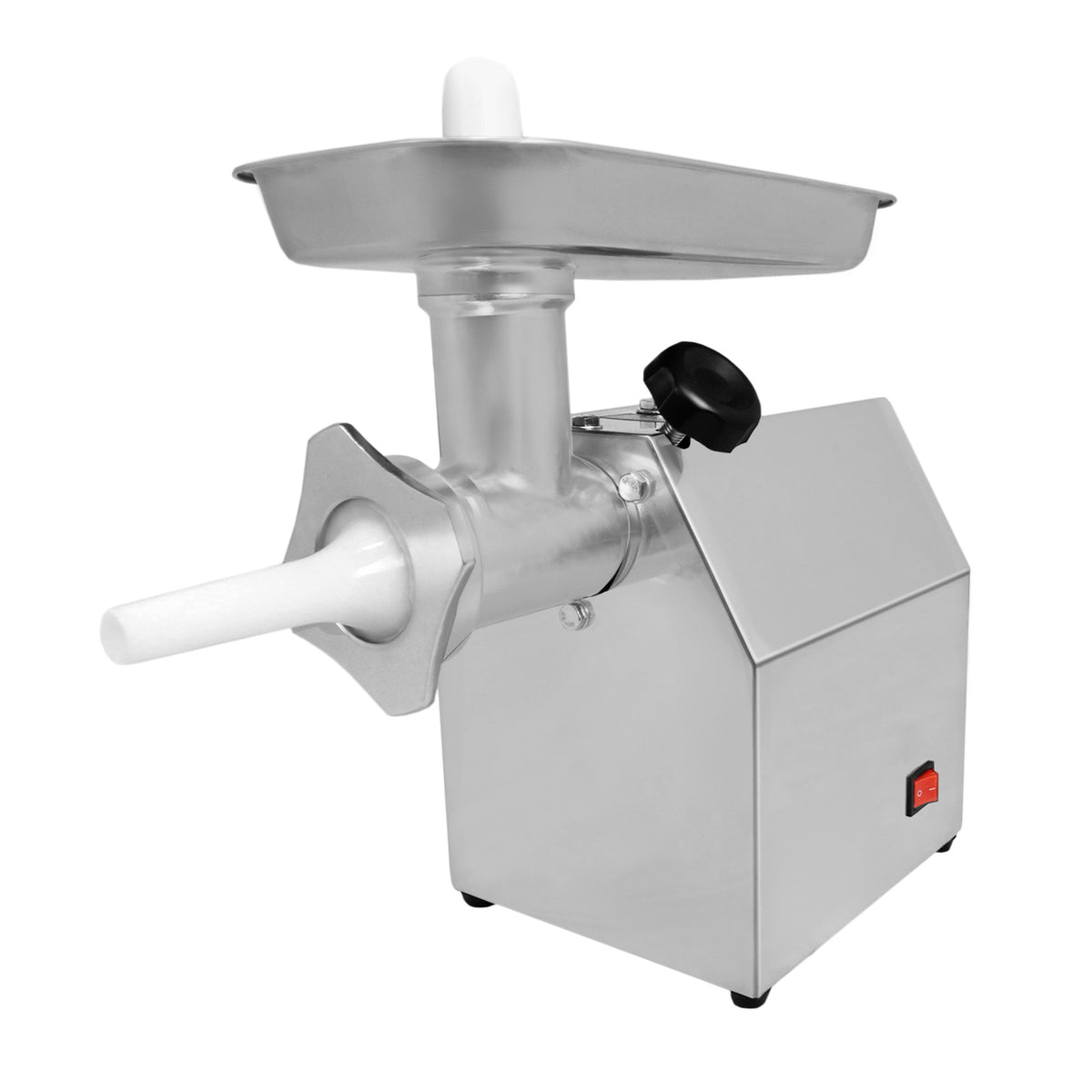 Moedor de carne em aço inox, com design compacto, bocal branco e botão de controle, ideal para uso doméstico e profissional