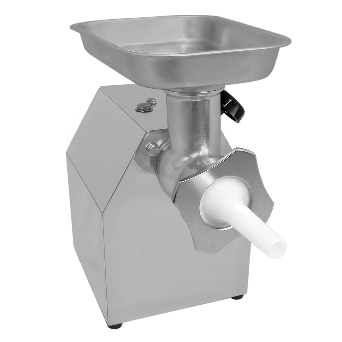 Moedor de carne em aço inoxidável, com recipiente quadrado e bico de saída, ideal para uso em cozinhas comerciais e residenciais