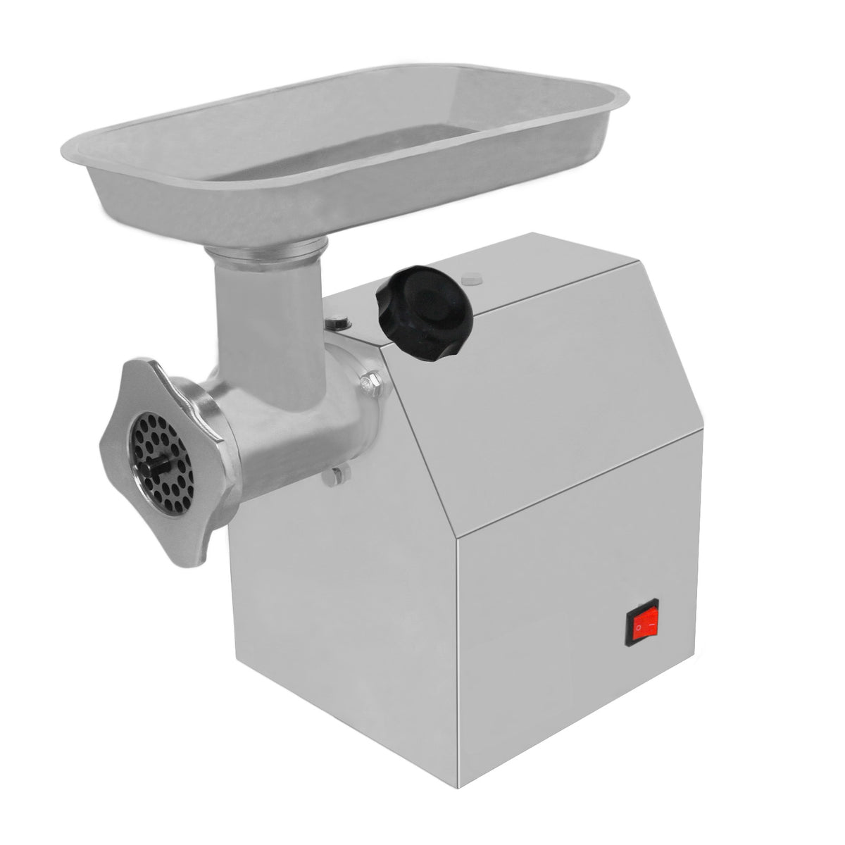 Moedor de carne em inox com design moderno, bacia retangular, botão de controle e saída para carne moída na lateral