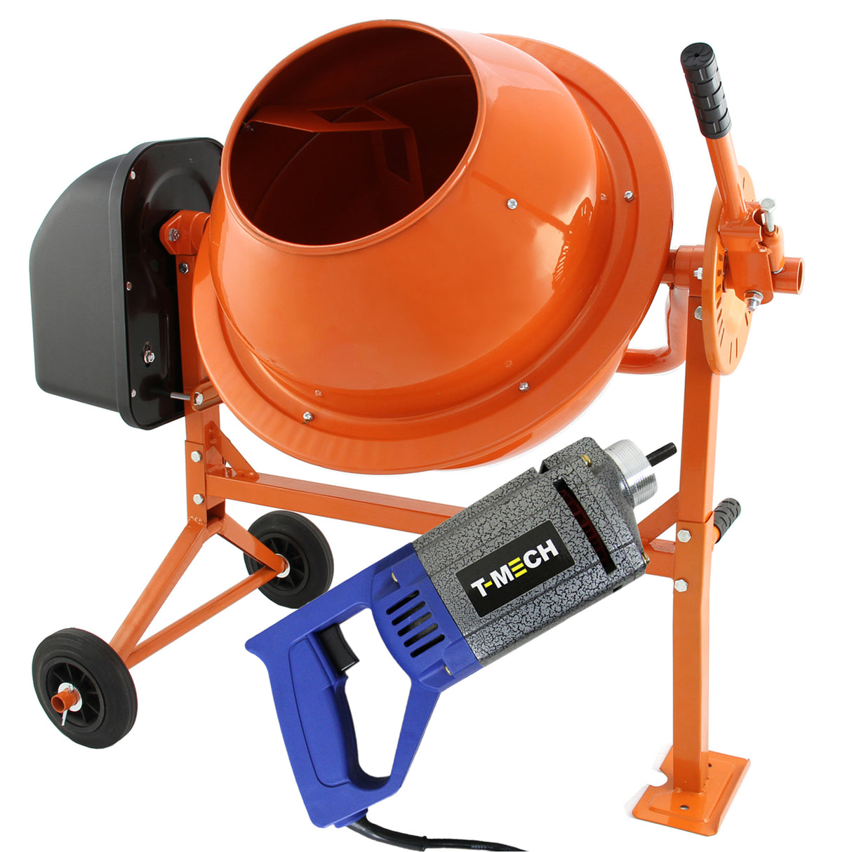 Misturador de cimento manual laranja com tambor redondo, eixo de 2 m e vibrador de concreto azul, ideal para construção civil