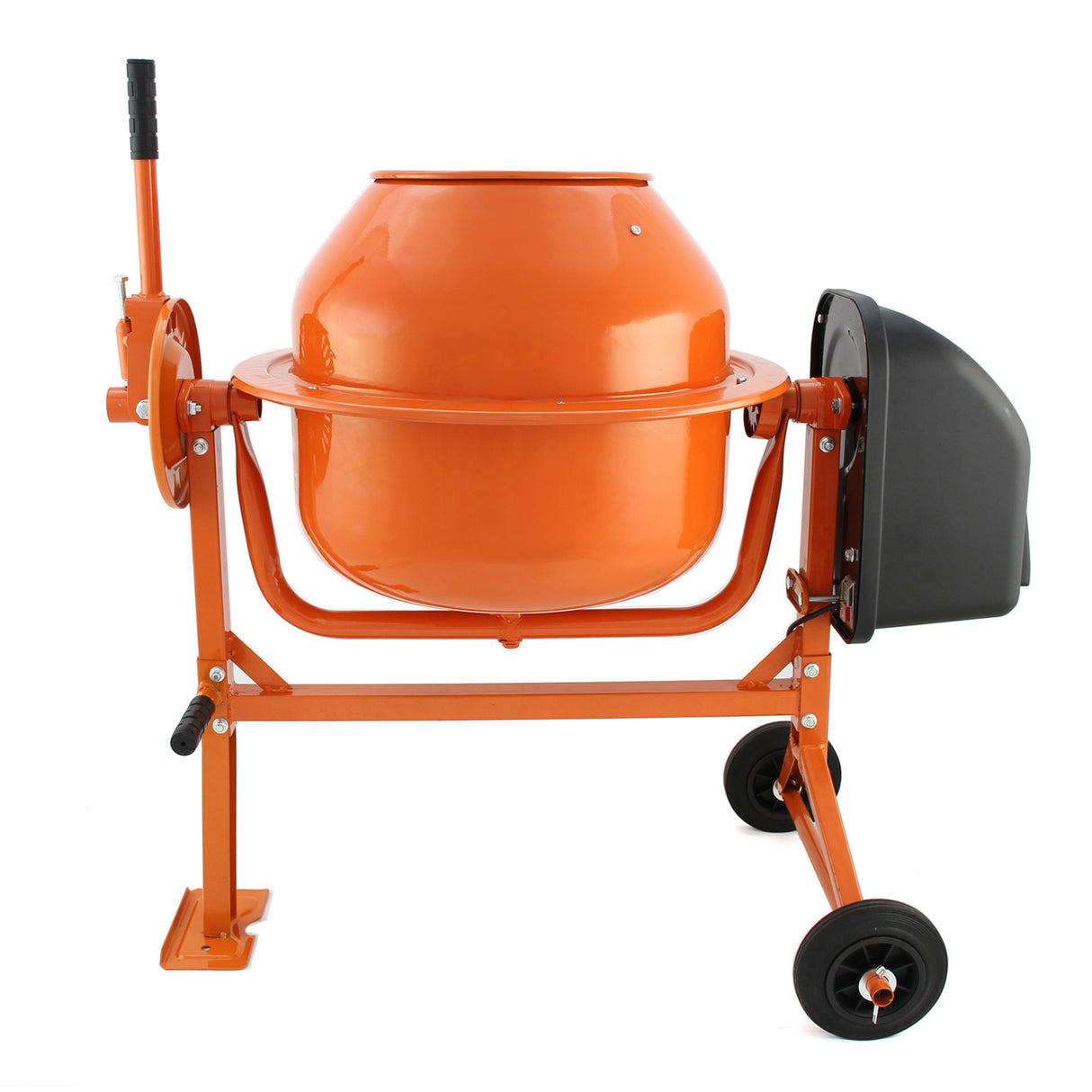 Misturador de cimento manual laranja com eixo de 2 m, estrutura metálica robusta, rodas para fácil transporte e motor compacto
