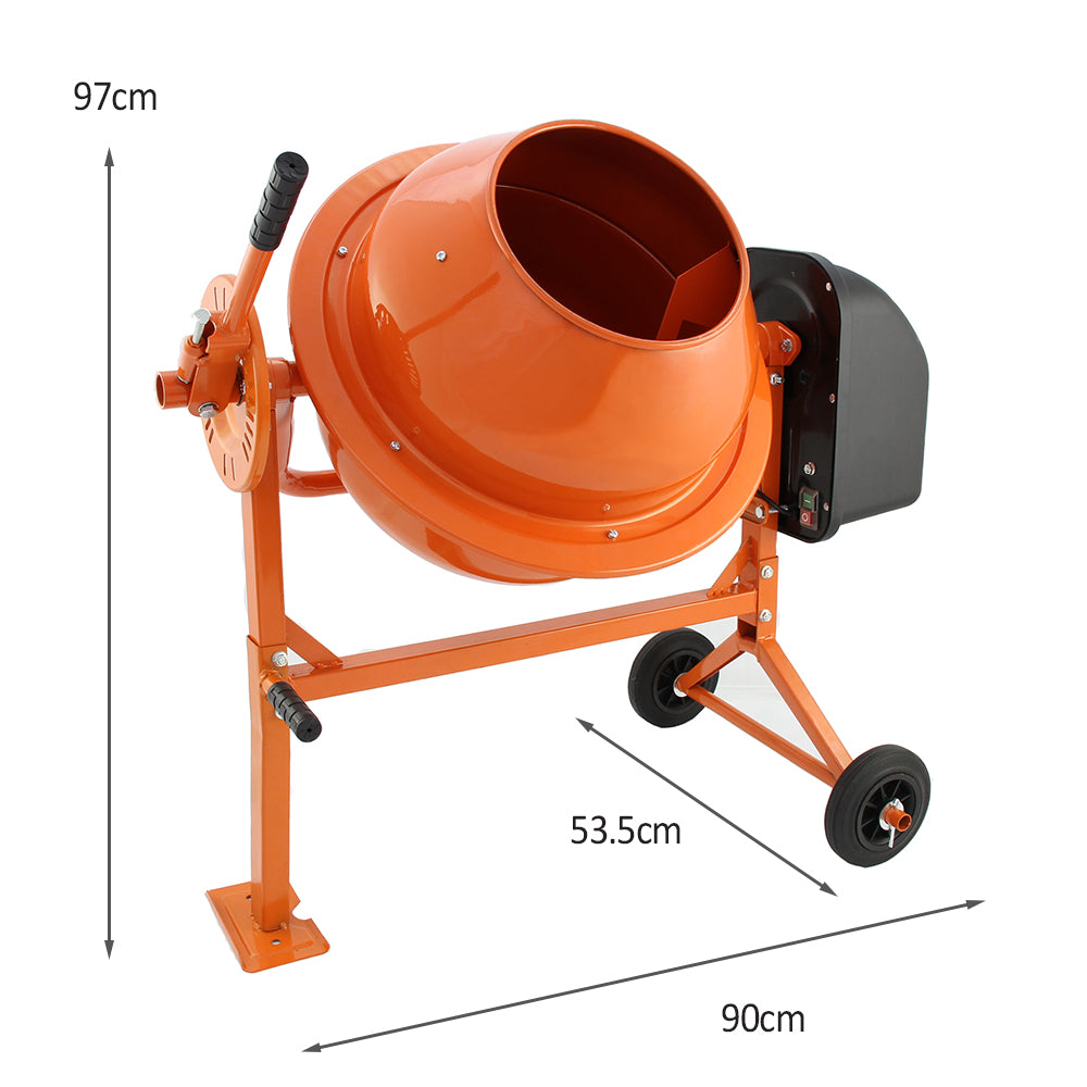 Misturador de cimento manual laranja com eixo de 2 m, estrutura metálica robusta, rodas para fácil transporte e design funcional