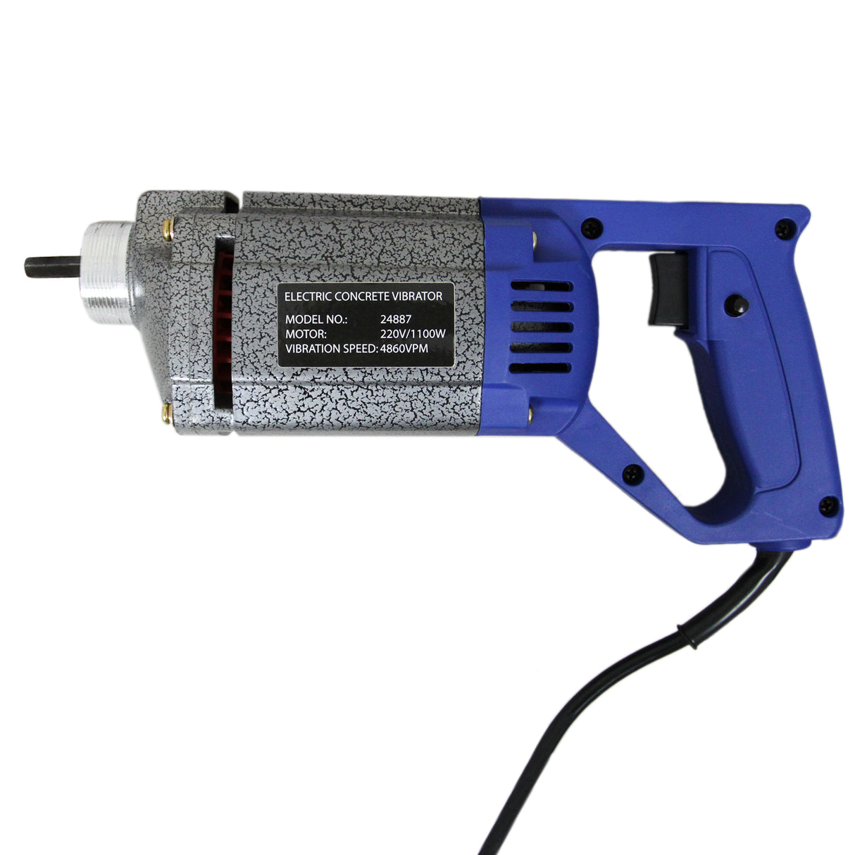 Misturador de cimento manual com corpo azul e cinza, cabo ergonômico, eixo de 2 m e motor potente para vibração eficaz do concreto