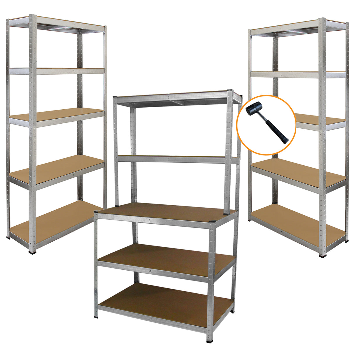 Conjunto de prateleiras Galwix em metal prateado, com prateleiras de MDF marrom, ideal para organização em bancadas de trabalho