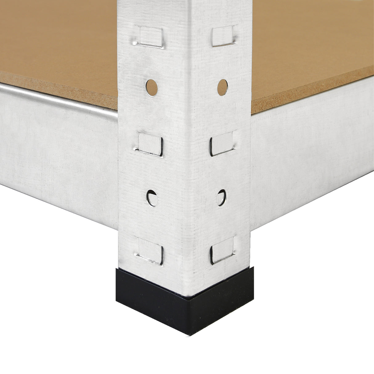 Estrutura metálica prateada com suporte robusto e prateleira de MDF marrom, ideal para organização em bancadas de trabalho
