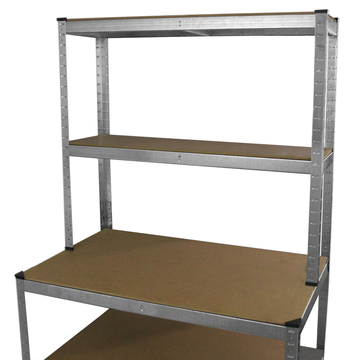 Prateleira de metal galvanizado com três níveis, acabamento em cinza, prateleiras de MDF em tom marrom claro, ideal para organização de ferramentas