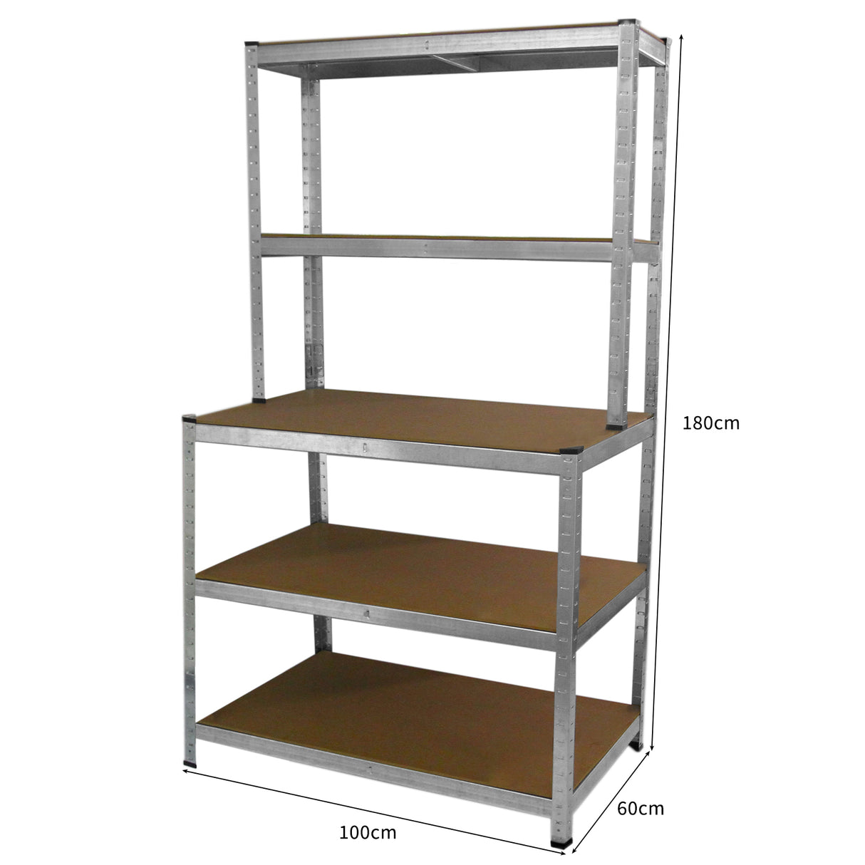 Prateleira de metal prateado com quatro níveis, estrutura robusta, prateleiras de MDF marrom, ideal para organização de ferramentas e materiais