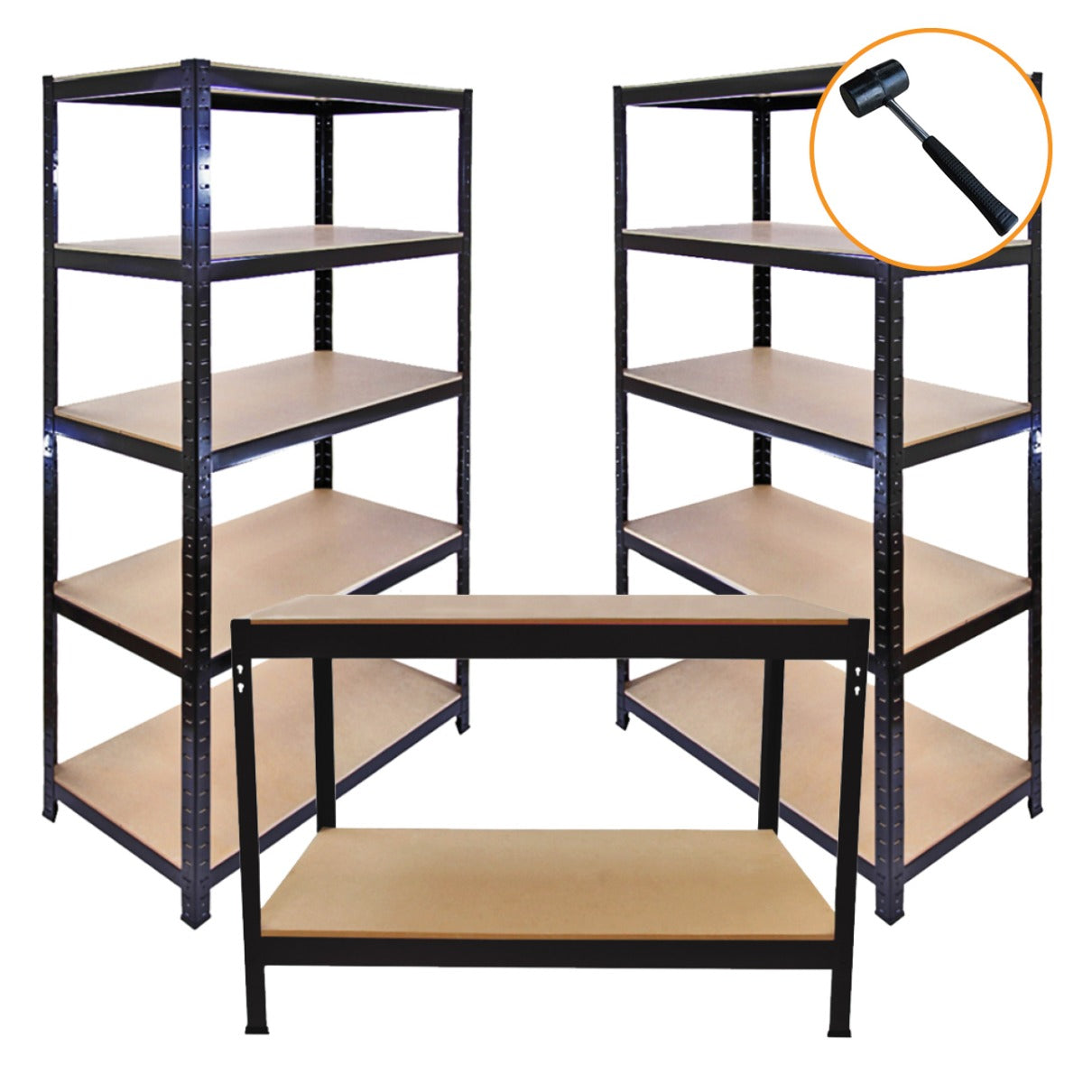 Prateleiras de metal preto com prateleiras de MDF claro, estrutura robusta e bancada preta, ideal para organização e armazenamento