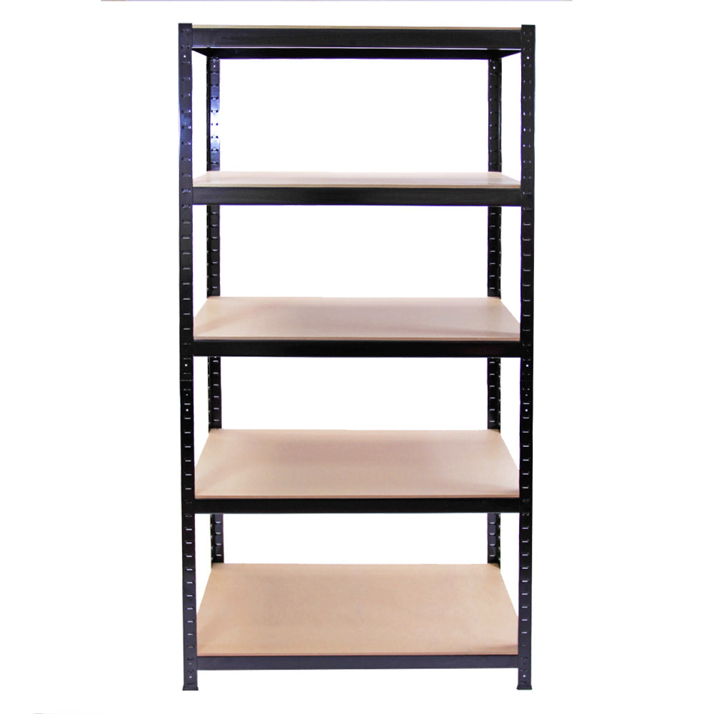 Prateleira de metal preto T-Rax com cinco prateleiras de MDF claro, ideal para armazenamento e organização em ambientes diversos