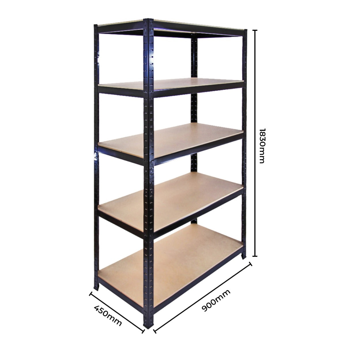 Prateleira de metal preto T-Rax com quatro prateleiras de madeira clara, medindo 90 cm de largura e 183 cm de altura, ideal para organização