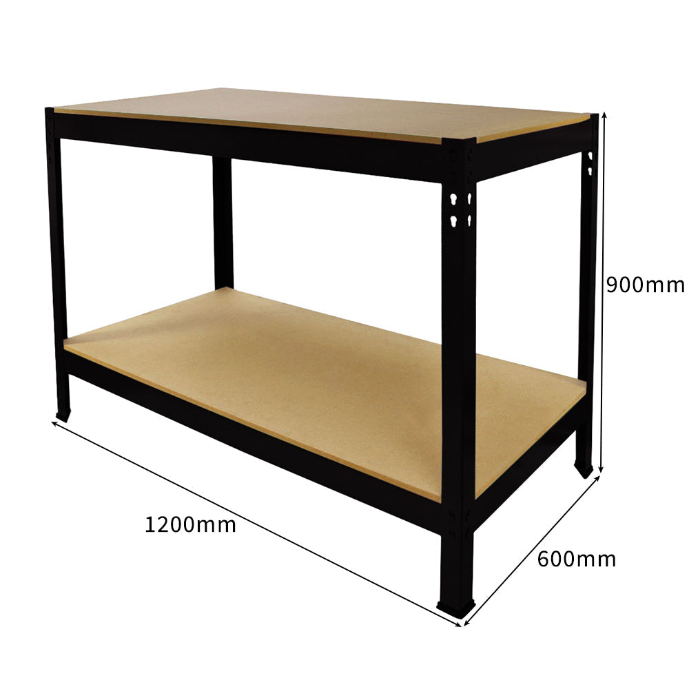 Prateleiras de metal preto com bancada de MDF clara, design moderno, estrutura robusta e acabamento liso, ideal para organização e decoração