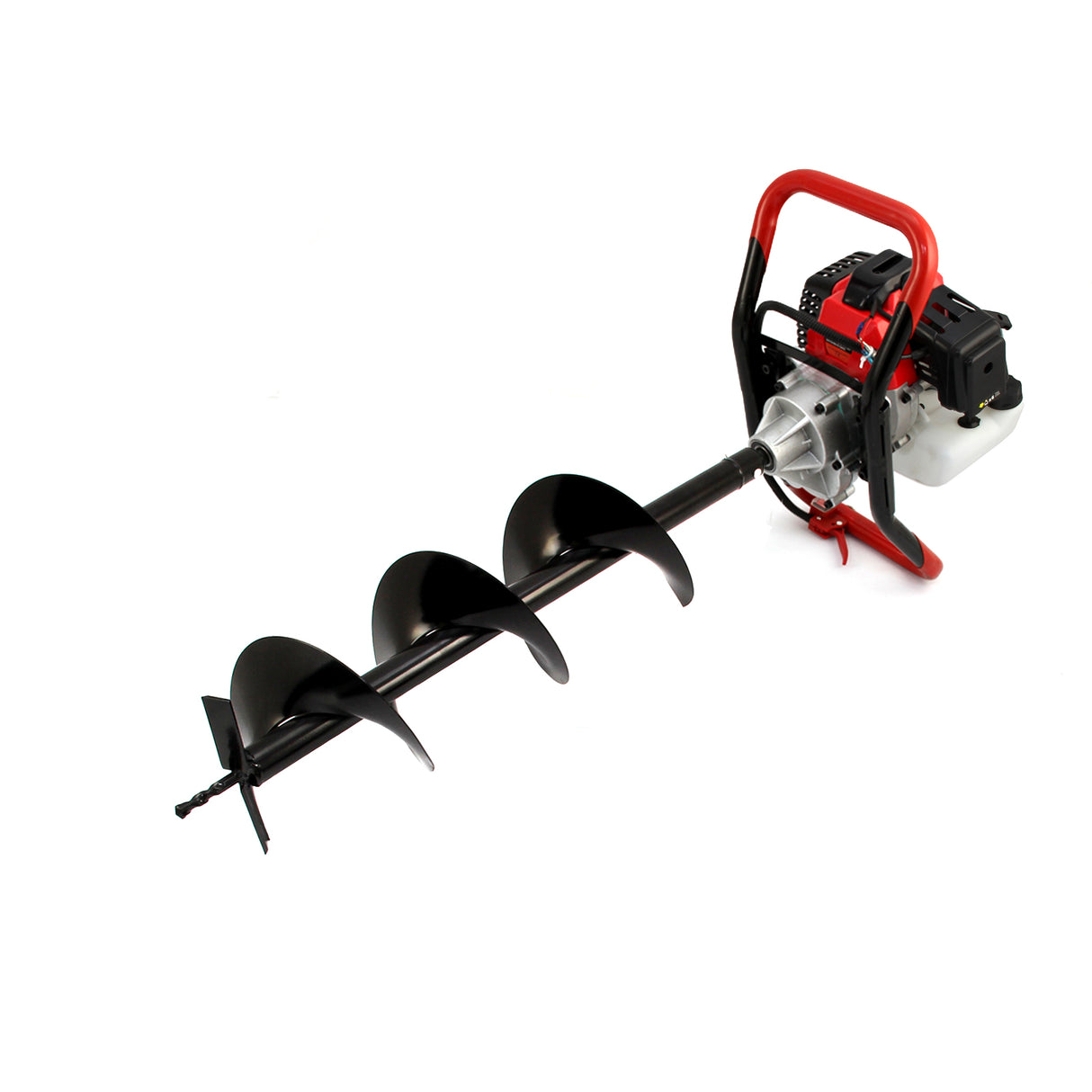 Ferramenta multifuncional 5 em 1 com design robusto, corpo preto e detalhes vermelhos, ideal para perfuração de solo com lâminas helicoidais