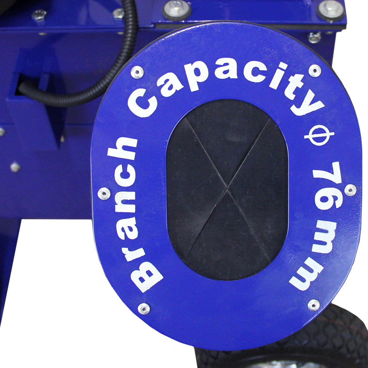 Capacidade de ramagem de 76 mm em azul vibrante, destacando a robustez da ferramenta multifuncional para triturar madeira