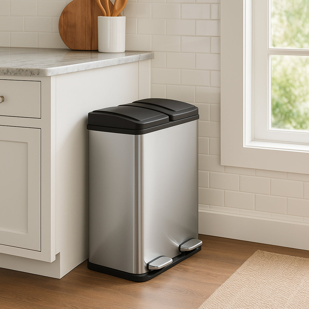 Lixeira com Pedal Duplo 2x30L Reciclagem, Prata