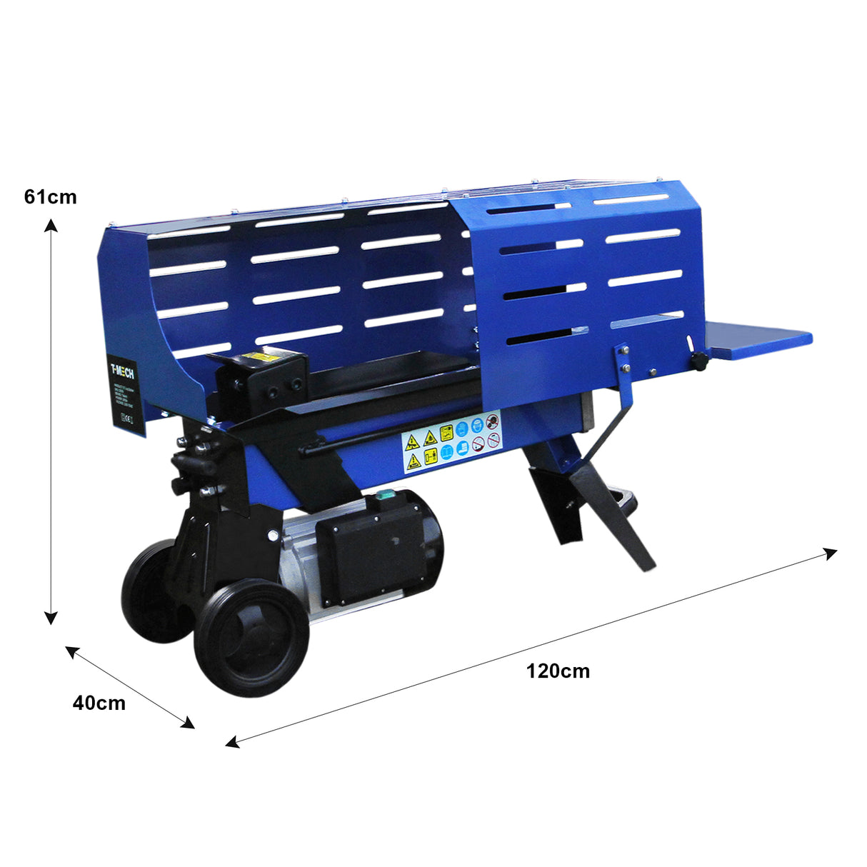 Rachador de toras T-Mech 7T em azul, com design robusto, medindo 120cm de comprimento, ideal para cortar madeira com eficiência