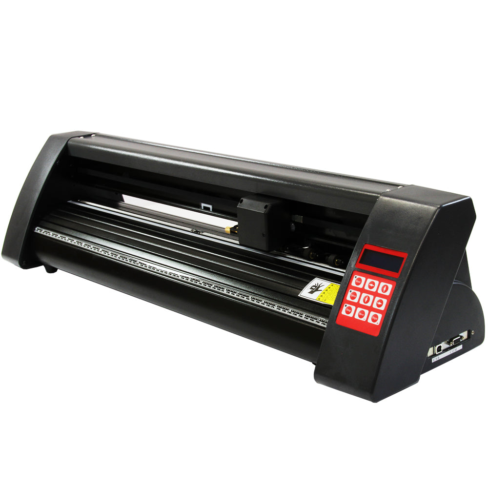 Plotter de recorte de vinil preto, com painel de controle vermelho, design robusto e sistema de alimentação contínua para impressões econômicas