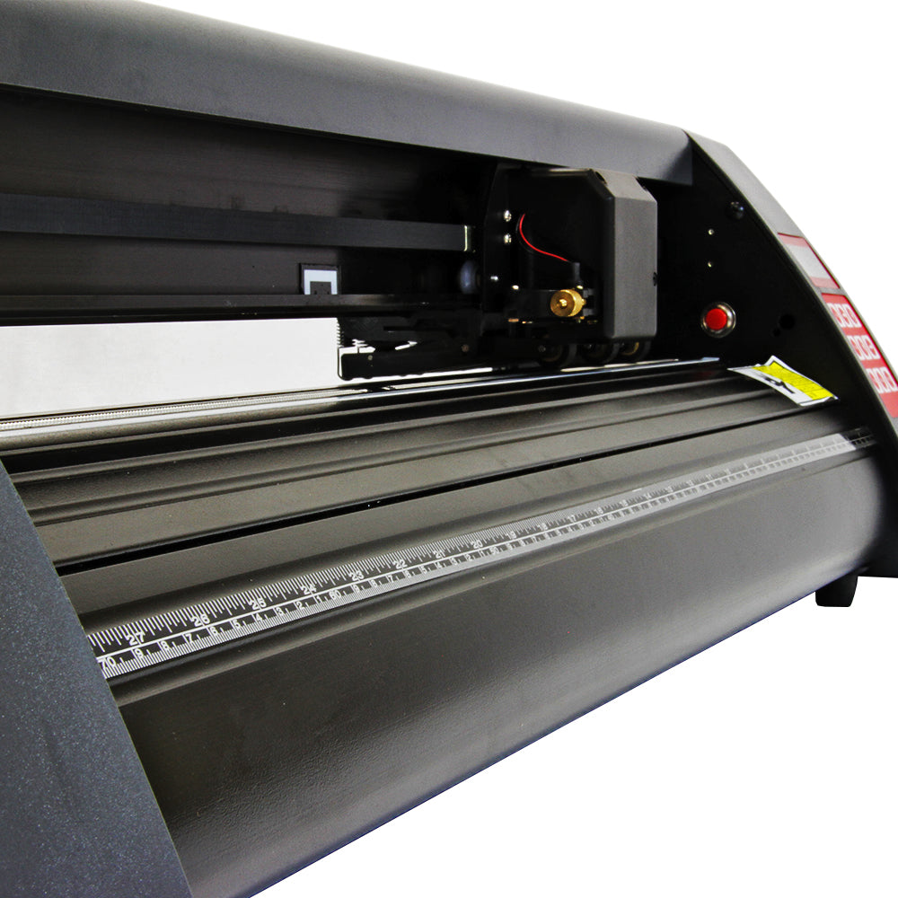 Plotter de recorte de vinil em preto, com sistema de alimentação contínua, detalhes metálicos e área de corte visível