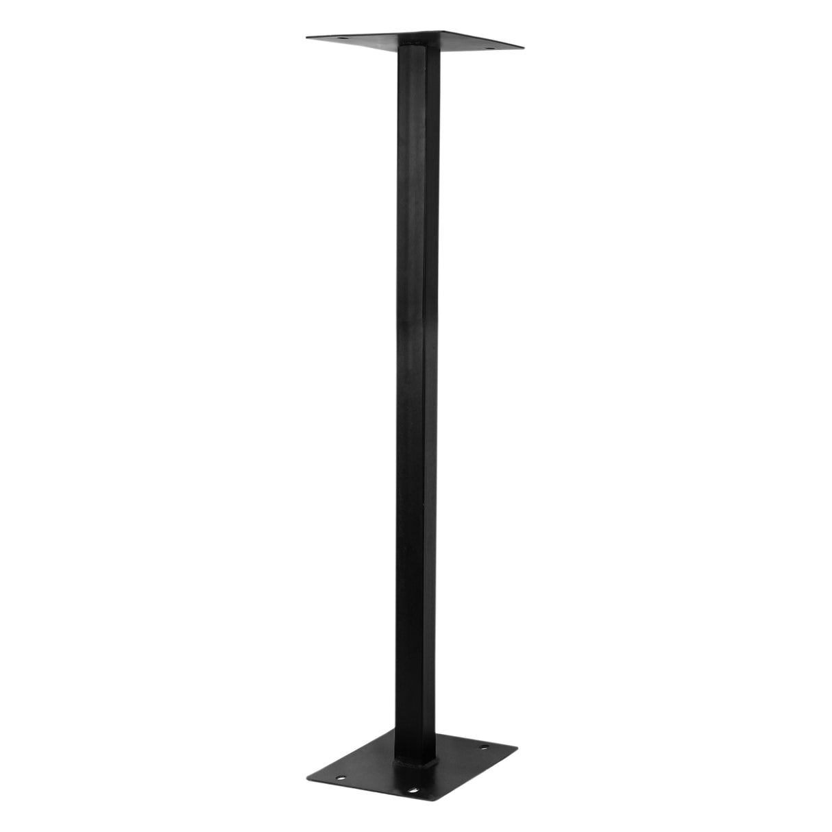 Suporte de metal preto para caixa de correio, com base quadrada e estrutura alta, ideal para instalação em áreas externas