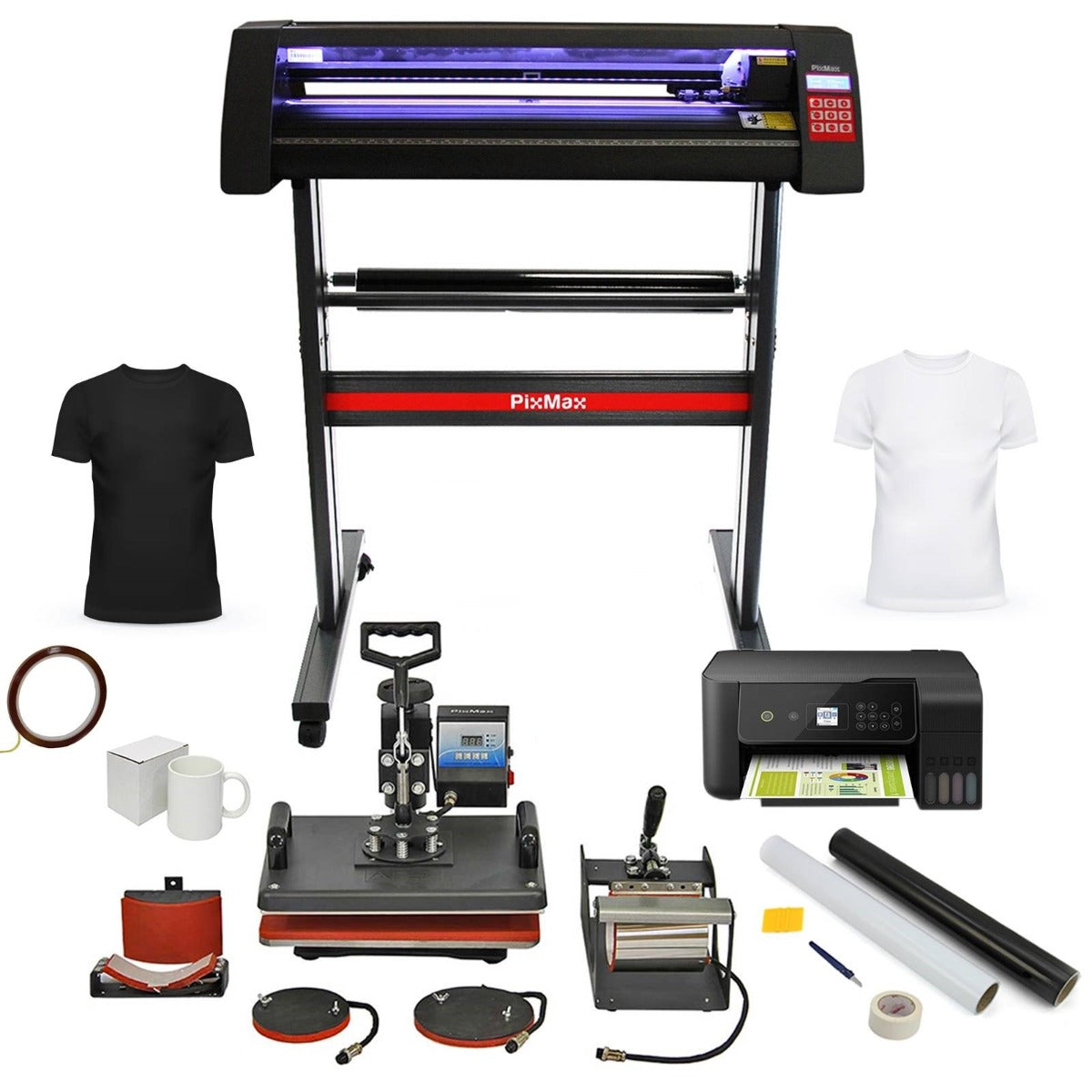 Kit plotter de corte de vinil PixMax, impressora e prensas térmicas