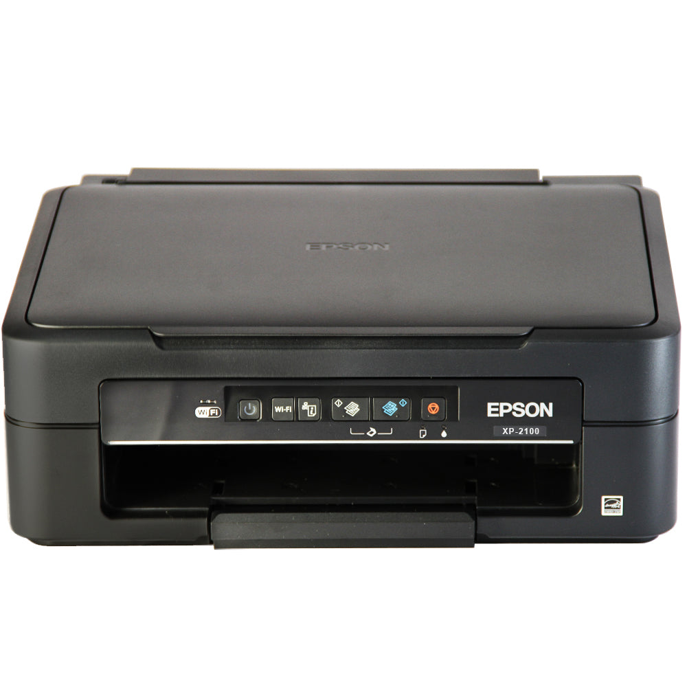Impressora Epson XP-2100 em preto, com painel de controle frontal e botões coloridos, ideal para impressão de alta qualidade