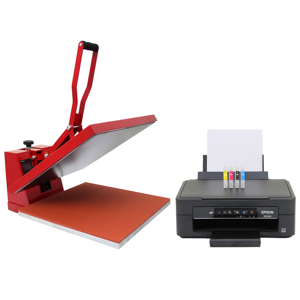 Prensa térmica vermelha de 50 cm com base laranja ao lado de impressora Epson compacta com cartuchos coloridos visíveis