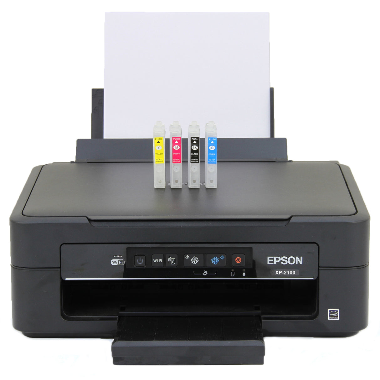 Plotter de recorte de vinil preto com sistema de alimentação contínua, quatro cartuchos coloridos e papel em branco na parte superior