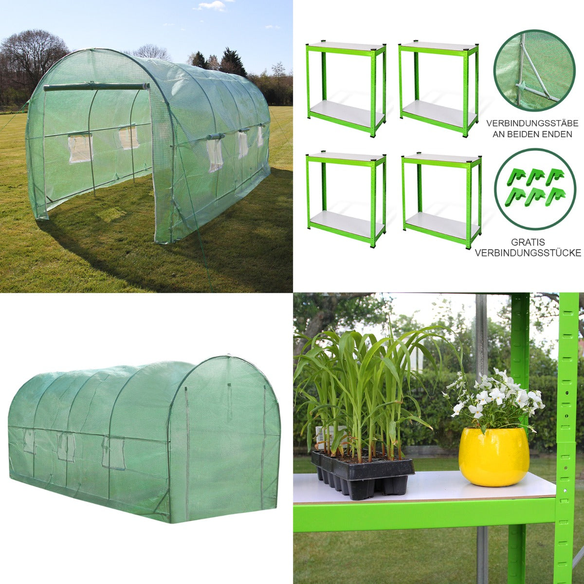 Estufa túnel com estantes de jardim galvanizadas, tenda de cultivo 19mm 5 x 2m