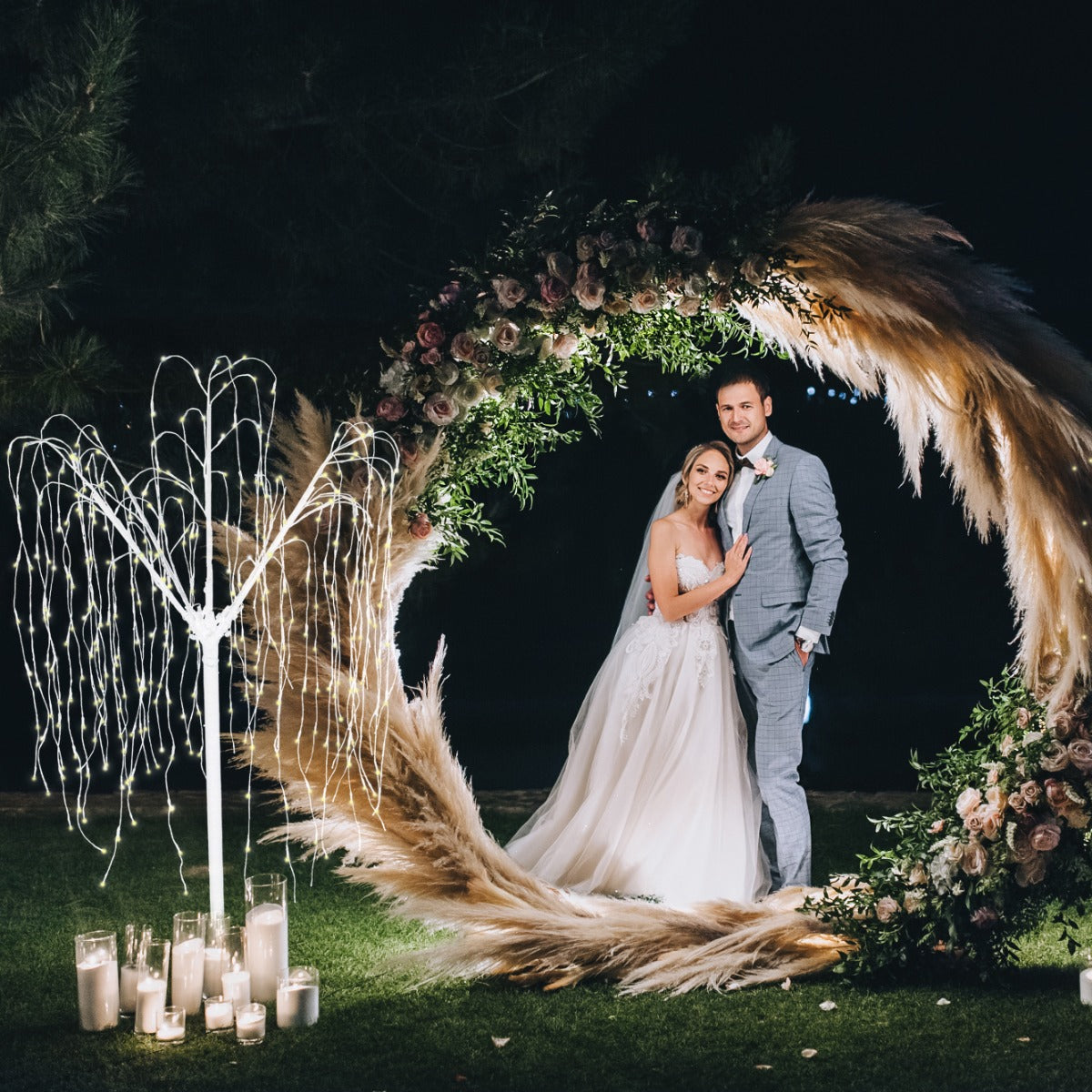 Arco de casamento ? prata e 1 salgueiro chorão de 180 cm com luzes brancas quentes