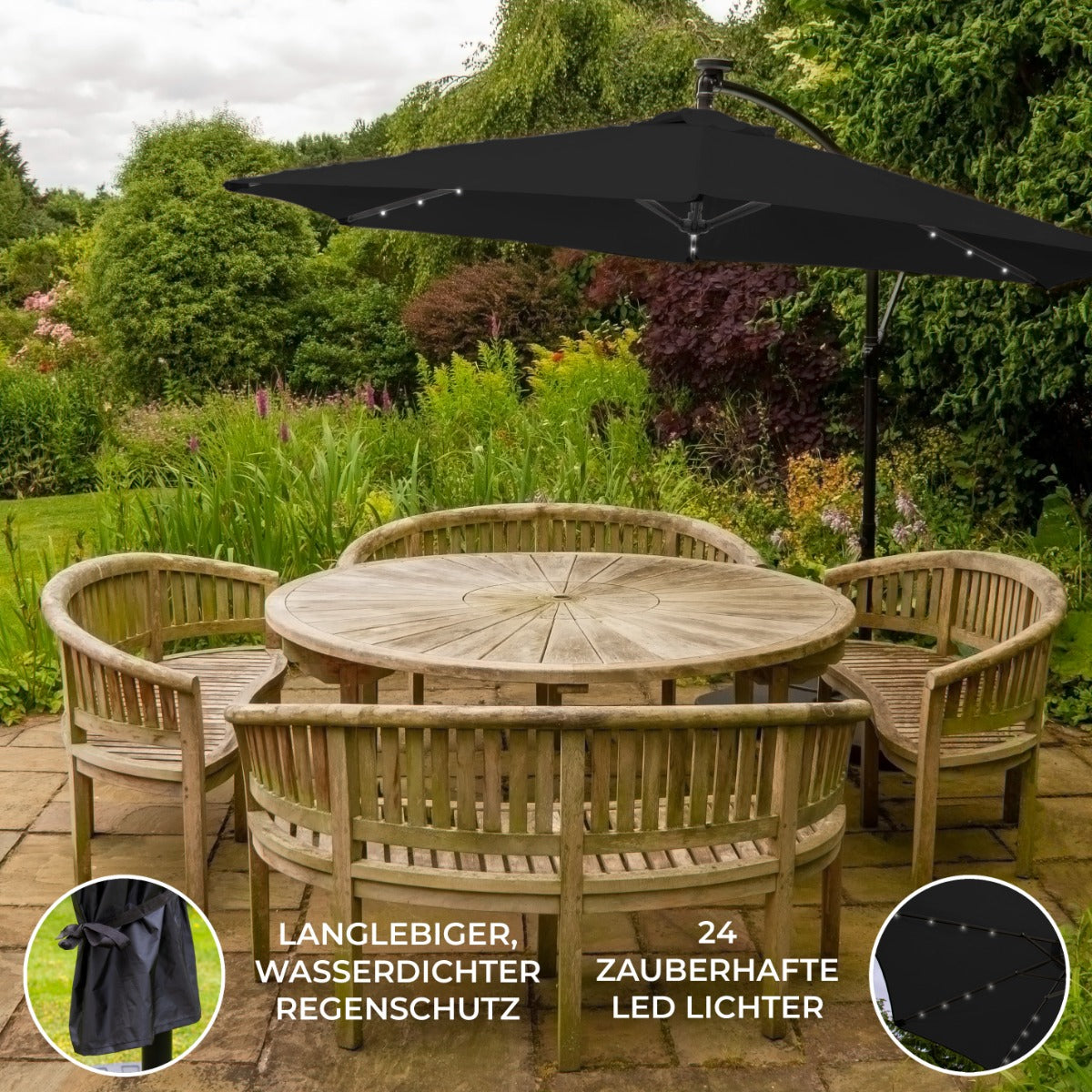 Guarda-chuva Cantilever 3m com Luzes LED - Preto